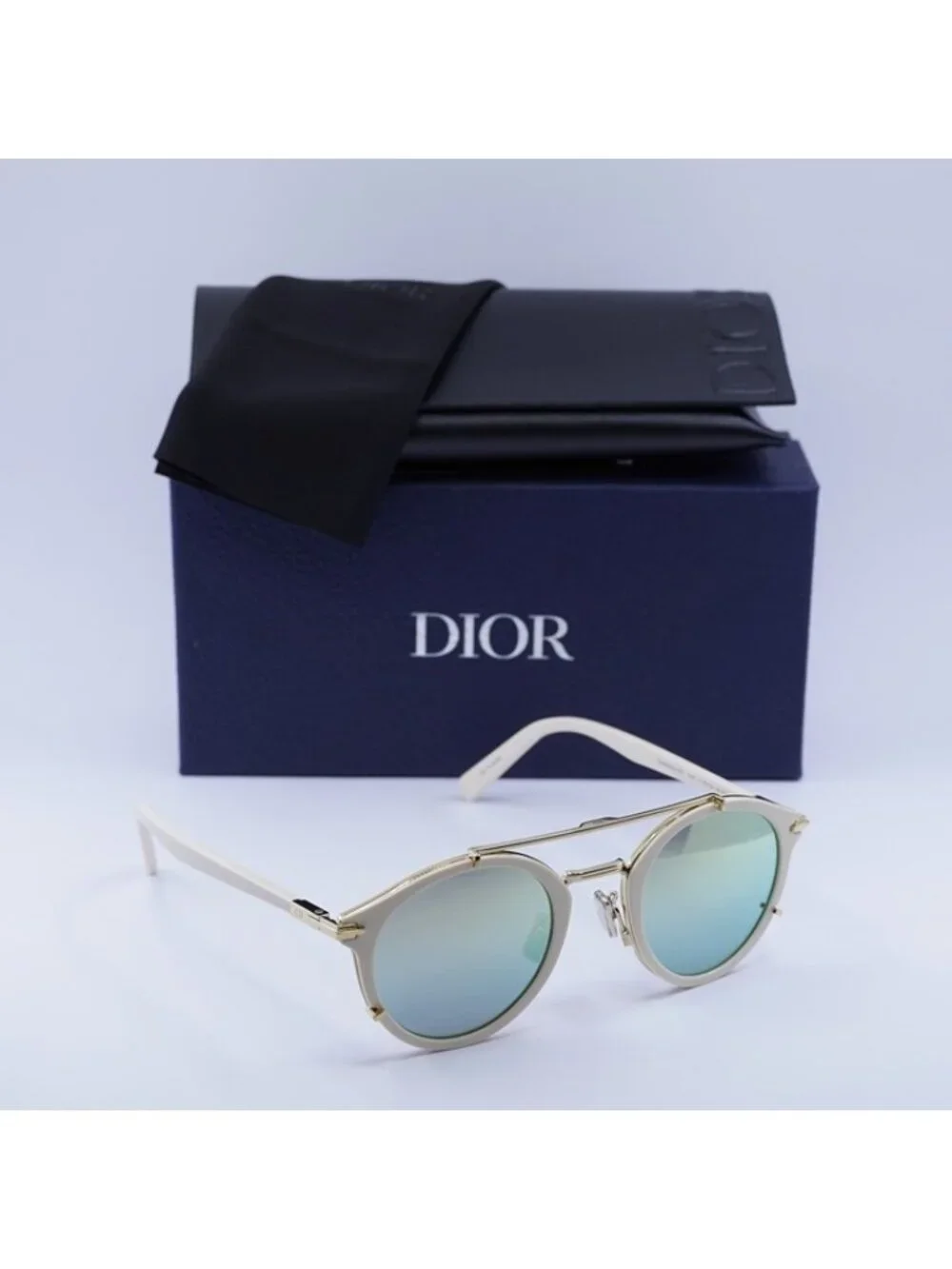 Dior DIORBLACKSUIT R7U 95H6 Sunglasses Ivory Round Frame, Green Mirror Lenses